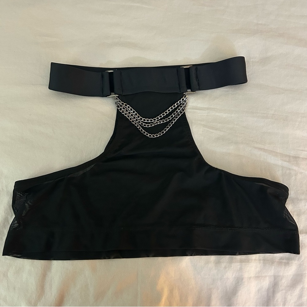 Syzygy The Label Black Mesh Mini Skirt With Titanium Chains, High Waist Cut Outs - Picture 2 of 14